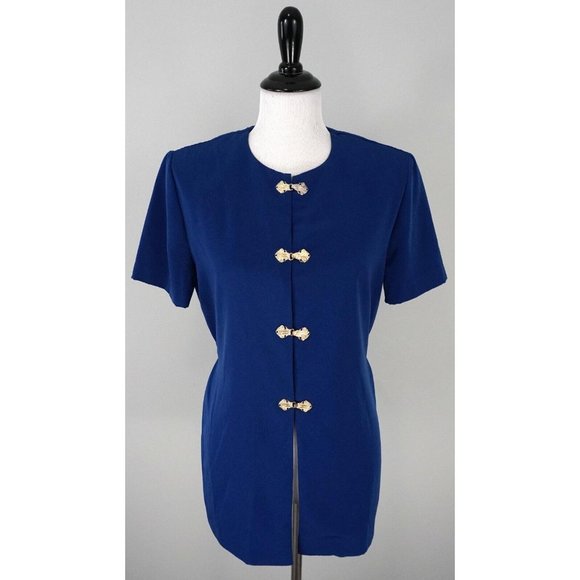 Vintage LENI LENI Blue Short Sleeve Metal Hook Clasp Formal Blazer Jacket 10 - Picture 1 of 6